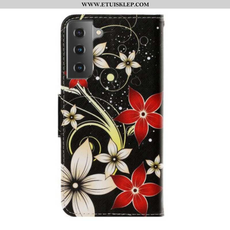 Skórzany Futerał do Samsung Galaxy S21 Plus 5G z Łańcuch Kolorowe Paskowate Kwiaty